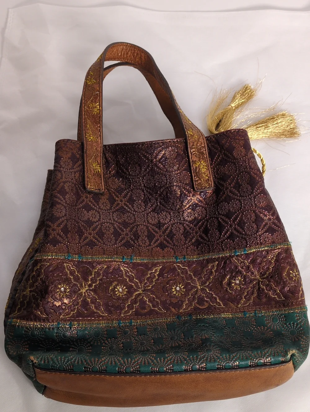 Butterfly by Matthew Williamson Leather Tote Bag Metallic Embossed Boho Tassels